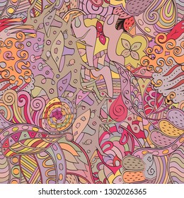 Tracery seamless pattern. Mehndi design. Ethnic colorful doodle texture. Curved doodling background. Vector