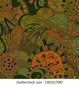 Tracery seamless pattern. Mehndi design. Ethnic colorful doodle texture. Curved doodling background. Vector