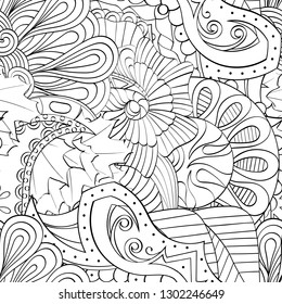Tracery seamless pattern. Mehndi design. Ethnic monochrome binary doodle texture. Curved doodling black and white background. Vector