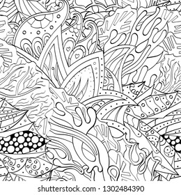 Tracery seamless pattern. Mehndi design. Ethnic monochrome binary doodle texture. Curved doodling black and white background. Vector