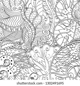 Tracery seamless pattern. Mehndi design. Ethnic monochrome binary doodle texture. Curved doodling black and white background. Vector