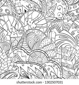 Tracery seamless pattern. Mehndi design. Ethnic monochrome binary doodle texture. Curved doodling black and white background. Vector