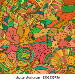 Tracery seamless pattern. Mehndi design. Ethnic colorful doodle texture. Curved doodling background. Vector