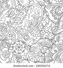 Tracery seamless pattern. Mehndi design. Ethnic monochrome binary doodle texture. Curved doodling black and white background. Vector