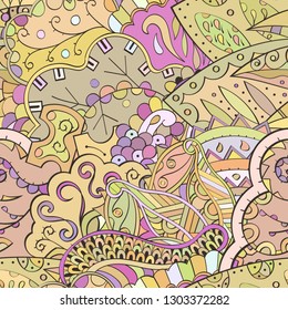 Tracery seamless pattern. Mehndi design. Ethnic colorful doodle texture. Curved doodling background. Vector