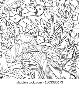 Tracery seamless pattern. Mehndi design. Ethnic monochrome binary doodle texture. Curved doodling black and white background. Vector