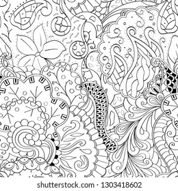 Tracery seamless pattern. Mehndi design. Ethnic monochrome binary doodle texture. Curved doodling black and white background. Vector
