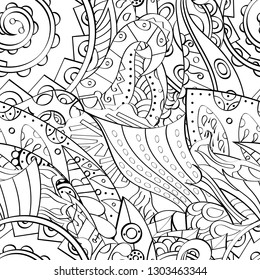 Tracery seamless pattern. Mehndi design. Ethnic monochrome binary doodle texture. Curved doodling black and white background. Vector