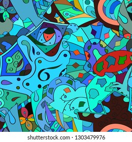 Tracery seamless pattern. Mehndi design. Ethnic colorful doodle texture. Curved doodling background. Vector