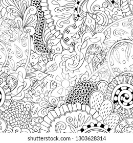 Tracery seamless pattern. Mehndi design. Ethnic monochrome binary doodle texture. Curved doodling black and white background. Vector