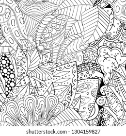 Tracery seamless pattern. Mehndi design. Ethnic monochrome binary doodle texture. Curved doodling black and white background. Vector