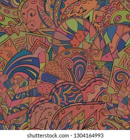 Tracery seamless pattern. Mehndi design. Ethnic colorful doodle texture. Curved doodling background. Vector