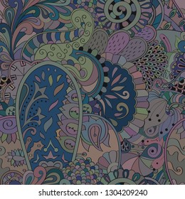 Tracery seamless pattern. Mehndi design. Ethnic colorful doodle texture. Curved doodling background. Vector