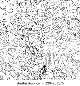 Tracery seamless pattern. Mehndi design. Ethnic monochrome binary doodle texture. Curved doodling black and white background. Vector