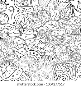 Tracery seamless pattern. Mehndi design. Ethnic monochrome binary doodle texture. Curved doodling black and white background. Vector