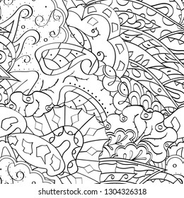 Tracery seamless pattern. Mehndi design. Ethnic monochrome binary doodle texture. Curved doodling black and white background. Vector