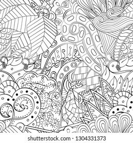 Tracery seamless pattern. Mehndi design. Ethnic monochrome binary doodle texture. Curved doodling black and white background. Vector