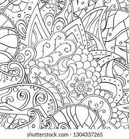 Tracery seamless pattern. Mehndi design. Ethnic monochrome binary doodle texture. Curved doodling black and white background. Vector