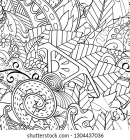 Tracery seamless pattern. Mehndi design. Ethnic monochrome binary doodle texture. Curved doodling black and white background. Vector