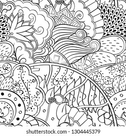 Tracery seamless pattern. Mehndi design. Ethnic monochrome binary doodle texture. Curved doodling black and white background. Vector