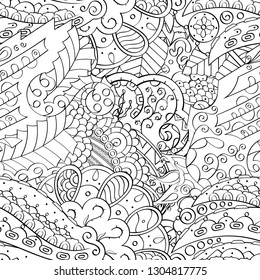 Tracery seamless pattern. Mehndi design. Ethnic monochrome binary doodle texture. Curved doodling black and white background. Vector