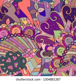 Tracery seamless pattern. Mehndi design. Ethnic colorful doodle texture. Curved doodling background. Vector