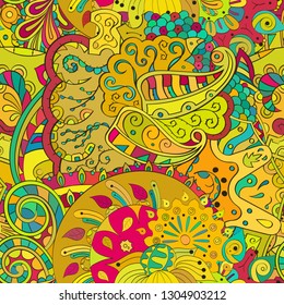 Tracery seamless pattern. Mehndi design. Ethnic colorful doodle texture. Curved doodling background. Vector