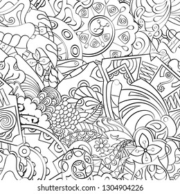 Tracery seamless pattern. Mehndi design. Ethnic monochrome binary doodle texture. Curved doodling black and white background. Vector