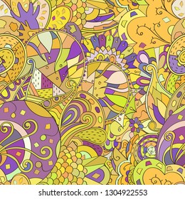 Tracery seamless pattern. Mehndi design. Ethnic colorful doodle texture. Curved doodling background. Vector
