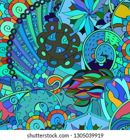 Tracery seamless pattern. Mehndi design. Ethnic colorful doodle texture. Curved doodling background. Vector
