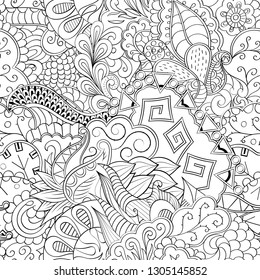 Tracery seamless pattern. Mehndi design. Ethnic monochrome binary doodle texture. Curved doodling black and white background. Vector