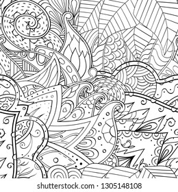 Tracery seamless pattern. Mehndi design. Ethnic monochrome binary doodle texture. Curved doodling black and white background. Vector