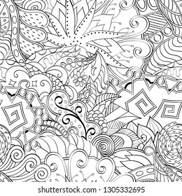 Tracery seamless pattern. Mehndi design. Ethnic monochrome binary doodle texture. Curved doodling black and white background. Vector
