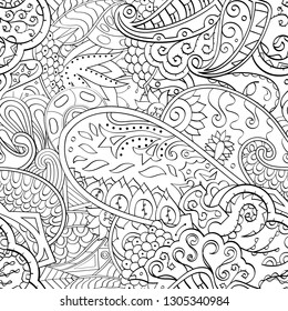 Tracery seamless pattern. Mehndi design. Ethnic monochrome binary doodle texture. Curved doodling black and white background. Vector