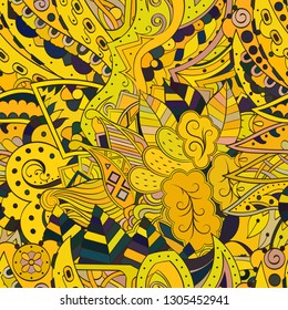 Tracery seamless pattern. Mehndi design. Ethnic colorful doodle texture. Curved doodling background. Vector