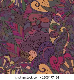 Tracery seamless pattern. Mehndi design. Ethnic colorful doodle texture. Curved doodling background. Vector