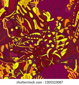Tracery seamless pattern. Mehndi design. Ethnic colorful doodle texture. Curved doodling background. Vector