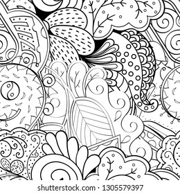 Tracery seamless pattern. Mehndi design. Ethnic monochrome binary doodle texture. Curved doodling black and white background. Vector