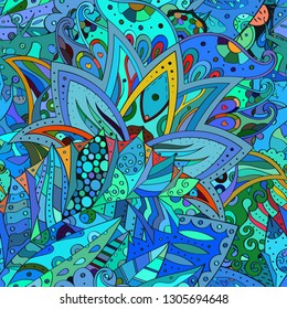Tracery seamless pattern. Mehndi design. Ethnic colorful doodle texture. Curved doodling background. Vector