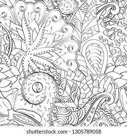 Tracery seamless pattern. Mehndi design. Ethnic monochrome binary doodle texture. Curved doodling black and white background. Vector