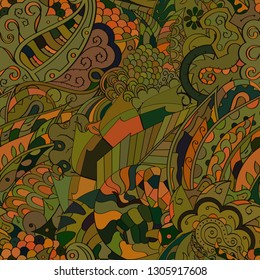 Tracery seamless pattern. Mehndi design. Ethnic colorful doodle texture. Curved doodling background. Vector