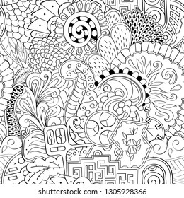 Tracery seamless pattern. Mehndi design. Ethnic monochrome binary doodle texture. Curved doodling black and white background. Vector