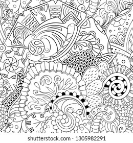 Tracery seamless pattern. Mehndi design. Ethnic monochrome binary doodle texture. Curved doodling black and white background. Vector