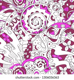 Tracery seamless pattern. Mehndi design. Ethnic colorful doodle texture. Curved doodling background. Vector