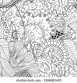 Tracery seamless pattern. Mehndi design. Ethnic monochrome binary doodle texture. Curved doodling black and white background. Vector