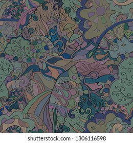 Tracery seamless pattern. Mehndi design. Ethnic colorful doodle texture. Curved doodling background. Vector
