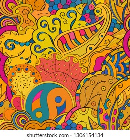 Tracery seamless pattern. Mehndi design. Ethnic colorful doodle texture. Curved doodling background. Vector