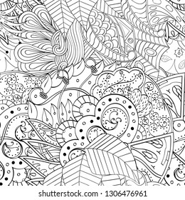 Tracery seamless pattern. Mehndi design. Ethnic monochrome binary doodle texture. Curved doodling black and white background. Vector