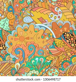 Tracery seamless pattern. Mehndi design. Ethnic colorful doodle texture. Curved doodling background. Vector