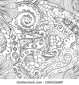 Tracery seamless pattern. Mehndi design. Ethnic monochrome binary doodle texture. Curved doodling black and white background. Vector